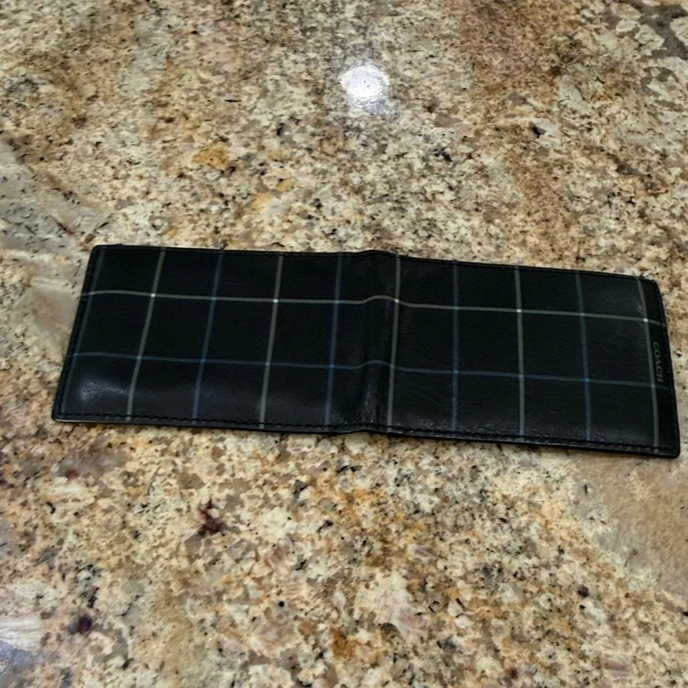 Coach Black and Gray Plaid Leather Card Holder